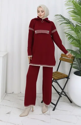 Gebreid Opstaand Kraag Tuniek Broek Tweedelig Pak 1105-06 Bordeauxrood 1105-06