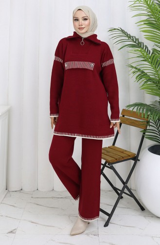 Knitwear Stand Collar Zippered Tunic Trousers Two Piece Suit 1105-06 Claret Red 1105-06