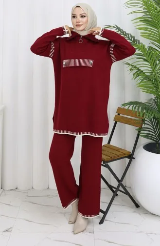 Gebreid Opstaand Kraag Tuniek Broek Tweedelig Pak 1105-06 Bordeauxrood 1105-06