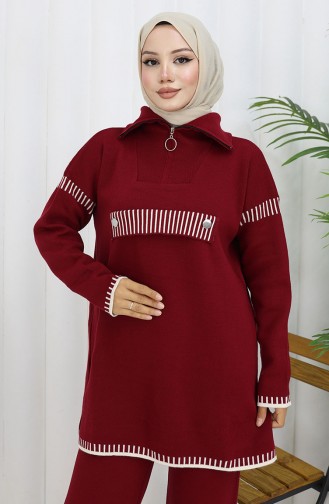 Knitwear Stand Collar Zippered Tunic Trousers Two Piece Suit 1105-06 Claret Red 1105-06