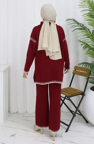 Gebreid Opstaand Kraag Tuniek Broek Tweedelig Pak 1105-06 Bordeauxrood 1105-06