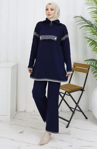 Gebreid Opstaand Kraag Tuniek Broek Tweedelig Pak 1105-07 Marineblauw 1105-07