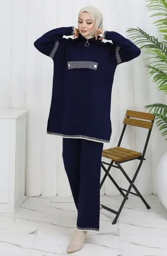 Gebreid Opstaand Kraag Tuniek Broek Tweedelig Pak 1105-07 Marineblauw 1105-07
