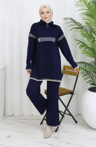 Gebreid Opstaand Kraag Tuniek Broek Tweedelig Pak 1105-07 Marineblauw 1105-07