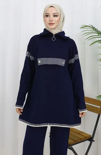 Gebreid Opstaand Kraag Tuniek Broek Tweedelig Pak 1105-07 Marineblauw 1105-07