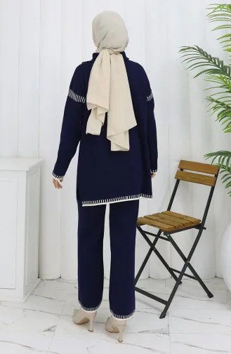 Gebreid Opstaand Kraag Tuniek Broek Tweedelig Pak 1105-07 Marineblauw 1105-07