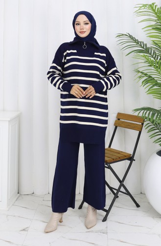 Ensemble Deux Pièces En Tricot Col Roulé Tunique Rayée Et Pantalon 1107-03 Bleu Marine 1107-03