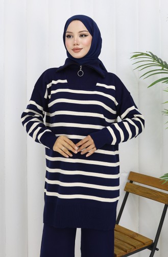 Ensemble Deux Pièces En Tricot Col Roulé Tunique Rayée Et Pantalon 1107-03 Bleu Marine 1107-03