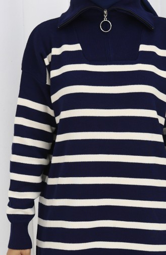 Ensemble Deux Pièces En Tricot Col Roulé Tunique Rayée Et Pantalon 1107-03 Bleu Marine 1107-03