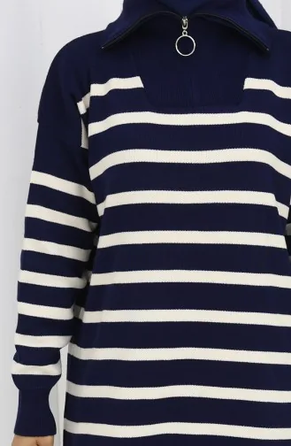 Knitwear Turtleneck Striped Tunic Trousers Two Piece Suit 1107-03 Navy Blue 1107-03