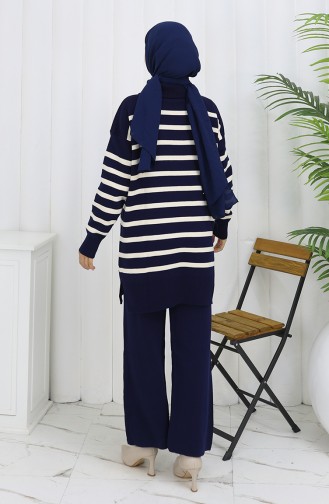 Ensemble Deux Pièces En Tricot Col Roulé Tunique Rayée Et Pantalon 1107-03 Bleu Marine 1107-03