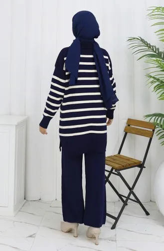 Knitwear Turtleneck Striped Tunic Trousers Two Piece Suit 1107-03 Navy Blue 1107-03