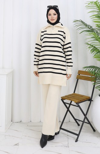Knitwear Turtleneck Striped Tunic Trousers Two Piece Suit 1107-06 Beige 1107-06