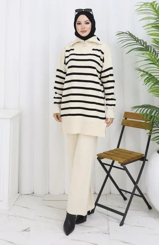 Gebreide Coltrui Gestreepte Tuniek Broek Tweedelig Pak 1107-06 Beige 1107-06