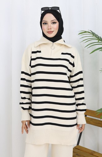 Knitwear Turtleneck Striped Tunic Trousers Two Piece Suit 1107-06 Beige 1107-06