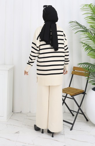 Knitwear Turtleneck Striped Tunic Trousers Two Piece Suit 1107-06 Beige 1107-06