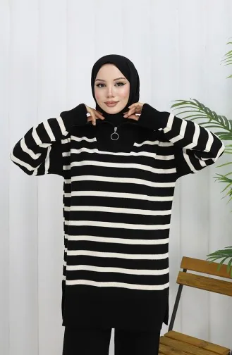 بدلة من قطعتين، بنطال مخطط بياقة مدورة، محبوكة، 1107-07، أسود 1107-07