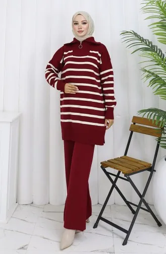 Ensemble Deux Pièces En Tricot Col Roulé Tunique Rayée Et Pantalon 1107-08 Bordeaux 1107-08