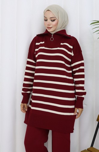 Ensemble Deux Pièces En Tricot Col Roulé Tunique Rayée Et Pantalon 1107-08 Bordeaux 1107-08