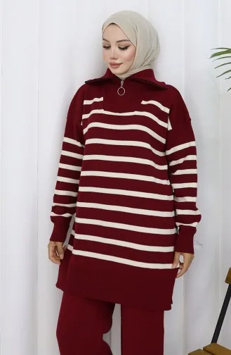 Knitwear Turtleneck Striped Tunic Trousers Two Piece Suit 1107-08 Claret Red 1107-08