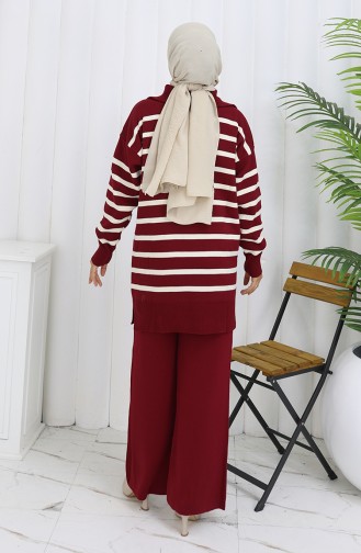 Ensemble Deux Pièces En Tricot Col Roulé Tunique Rayée Et Pantalon 1107-08 Bordeaux 1107-08