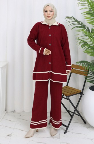Triko Polo Yaka Düğmeli Tunik Pantolon İkili Takım 1108-01 Bordo