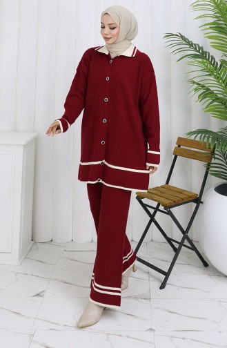 Triko Polo Yaka Düğmeli Tunik Pantolon İkili Takım 1108-01 Bordo