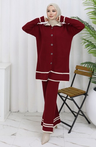 Triko Polo Yaka Düğmeli Tunik Pantolon İkili Takım 1108-01 Bordo