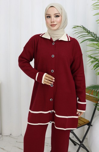 Triko Polo Yaka Düğmeli Tunik Pantolon İkili Takım 1108-01 Bordo