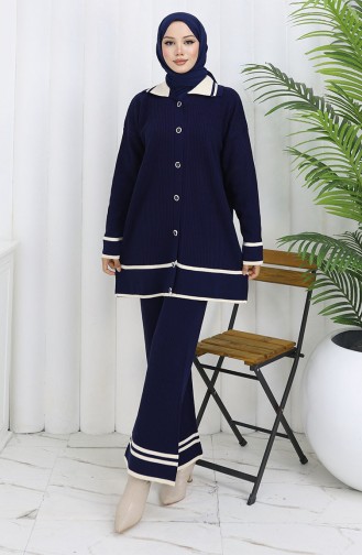 Knitwear Polo Collar Buttoned Tunic Trousers Two Piece Suit 1108-06 Navy Blue 1108-06