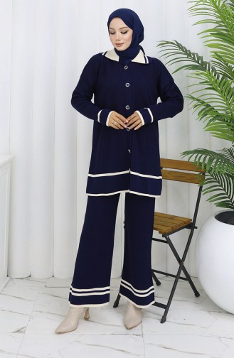 Knitwear Polo Collar Buttoned Tunic Trousers Two Piece Suit 1108-06 Navy Blue 1108-06