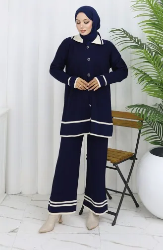 Gebreid Polokraag Tuniek Broek Tweedelig Pak 1108-06 Marineblauw 1108-06