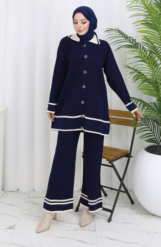 Knitwear Polo Collar Buttoned Tunic Trousers Two Piece Suit 1108-06 Navy Blue 1108-06
