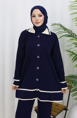 Knitwear Polo Collar Buttoned Tunic Trousers Two Piece Suit 1108-06 Navy Blue 1108-06