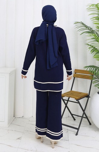 Knitwear Polo Collar Buttoned Tunic Trousers Two Piece Suit 1108-06 Navy Blue 1108-06
