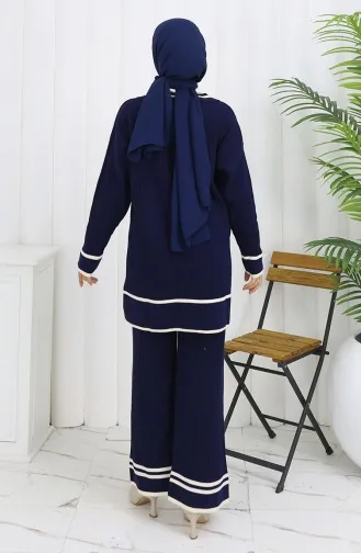 Gebreid Polokraag Tuniek Broek Tweedelig Pak 1108-06 Marineblauw 1108-06
