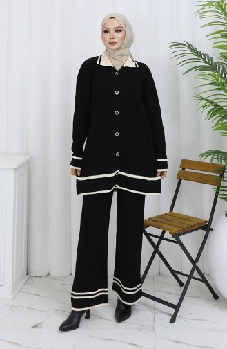 Knitwear Polo Collar Buttoned Tunic Trousers Two Piece Suit 1108-08 Black 1108-08