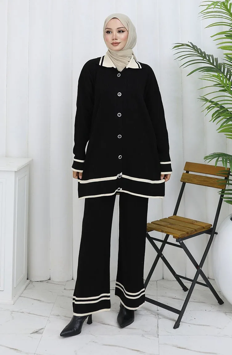 Triko Polo Yaka Düğmeli Tunik Pantolon İkili Takım 1108-08 Siyah