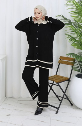 Knitwear Polo Collar Buttoned Tunic Trousers Two Piece Suit 1108-08 Black 1108-08