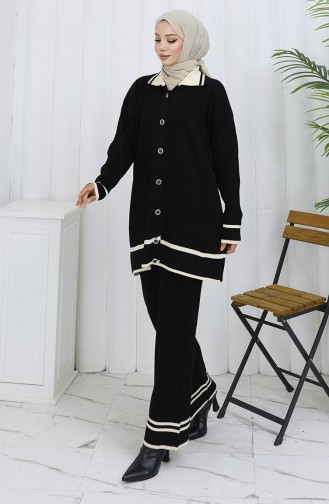Knitwear Polo Collar Buttoned Tunic Trousers Two Piece Suit 1108-08 Black 1108-08