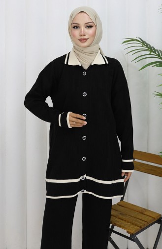 Knitwear Polo Collar Buttoned Tunic Trousers Two Piece Suit 1108-08 Black 1108-08