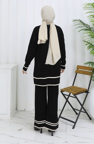 Knitwear Polo Collar Buttoned Tunic Trousers Two Piece Suit 1108-08 Black 1108-08