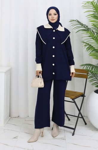 Gebreid Geknoopt Tuniek Met Garneringen Tweedelig Pak 1122-02 Marineblauw 1122-02