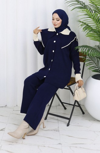 Gebreid Geknoopt Tuniek Met Garneringen Tweedelig Pak 1122-02 Marineblauw 1122-02
