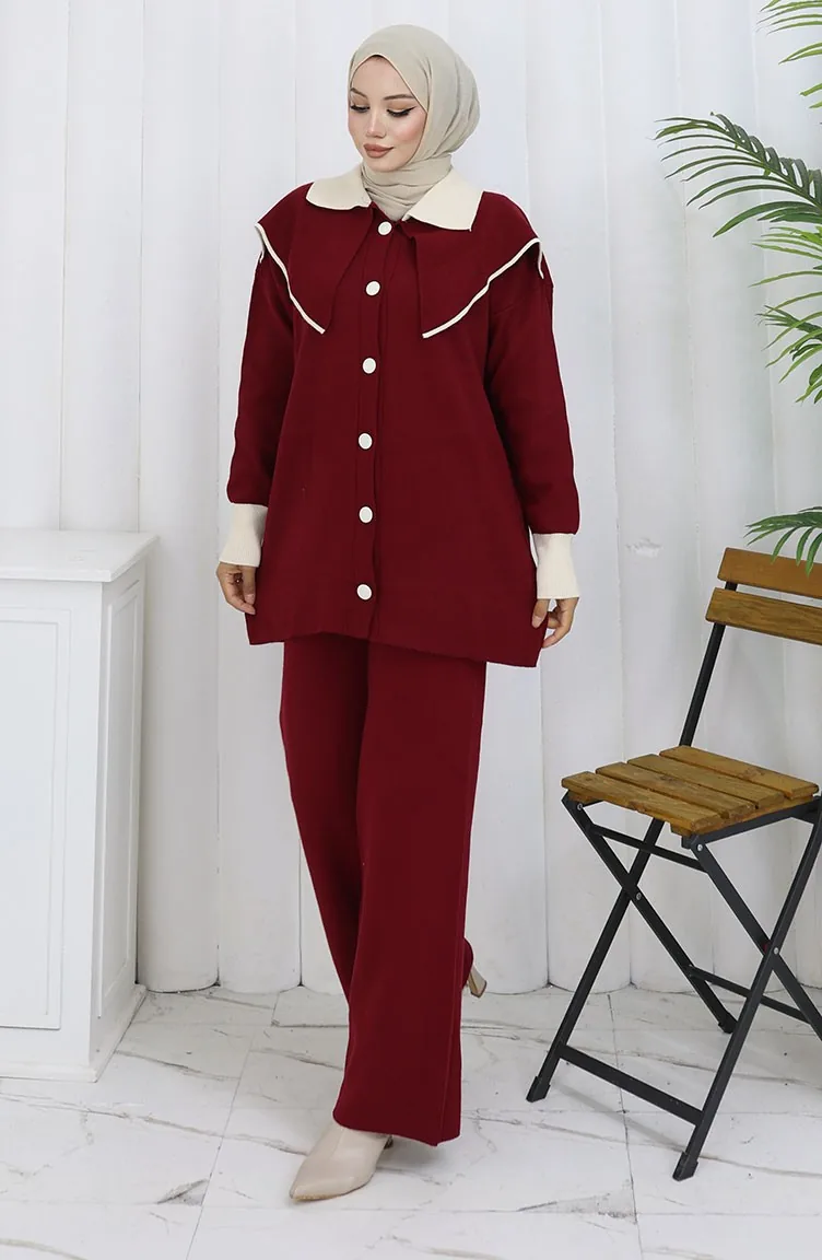 Triko Düğmeli Garnili Tunik Pantolon İkili Takım 1122-08 Bordo