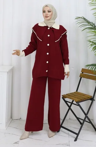 Triko Düğmeli Garnili Tunik Pantolon İkili Takım 1122-08 Bordo