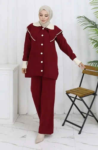 Triko Düğmeli Garnili Tunik Pantolon İkili Takım 1122-08 Bordo