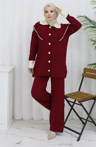 Triko Düğmeli Garnili Tunik Pantolon İkili Takım 1122-08 Bordo
