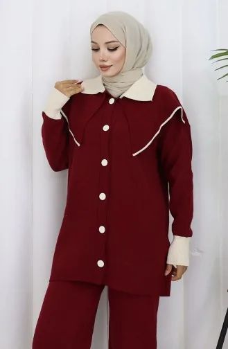 Triko Düğmeli Garnili Tunik Pantolon İkili Takım 1122-08 Bordo