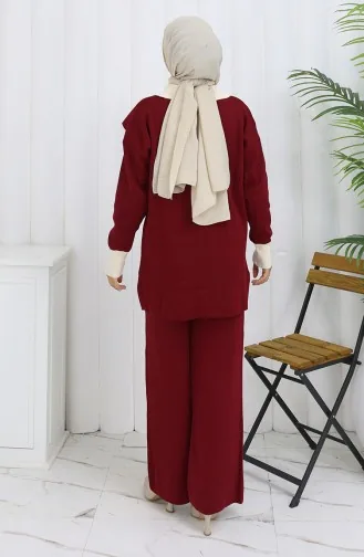 Triko Düğmeli Garnili Tunik Pantolon İkili Takım 1122-08 Bordo
